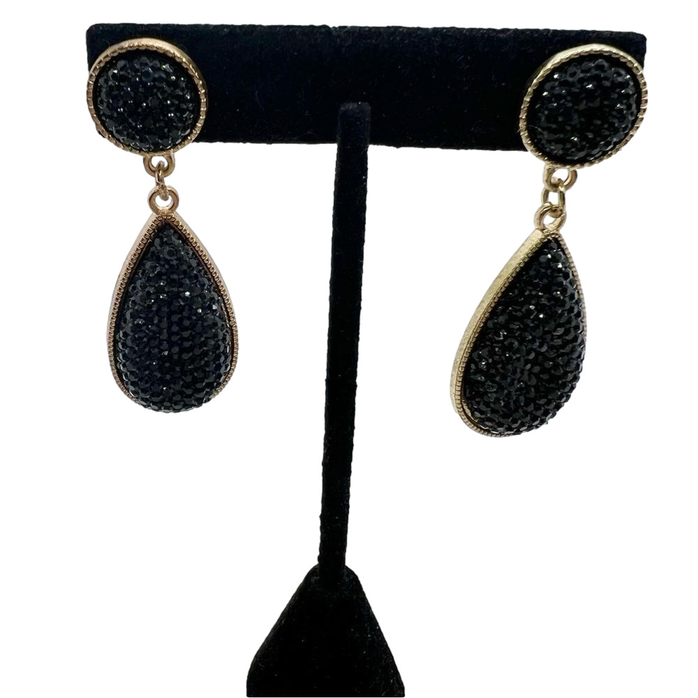 Black sparkle teardrop post earrings on gold tone backing